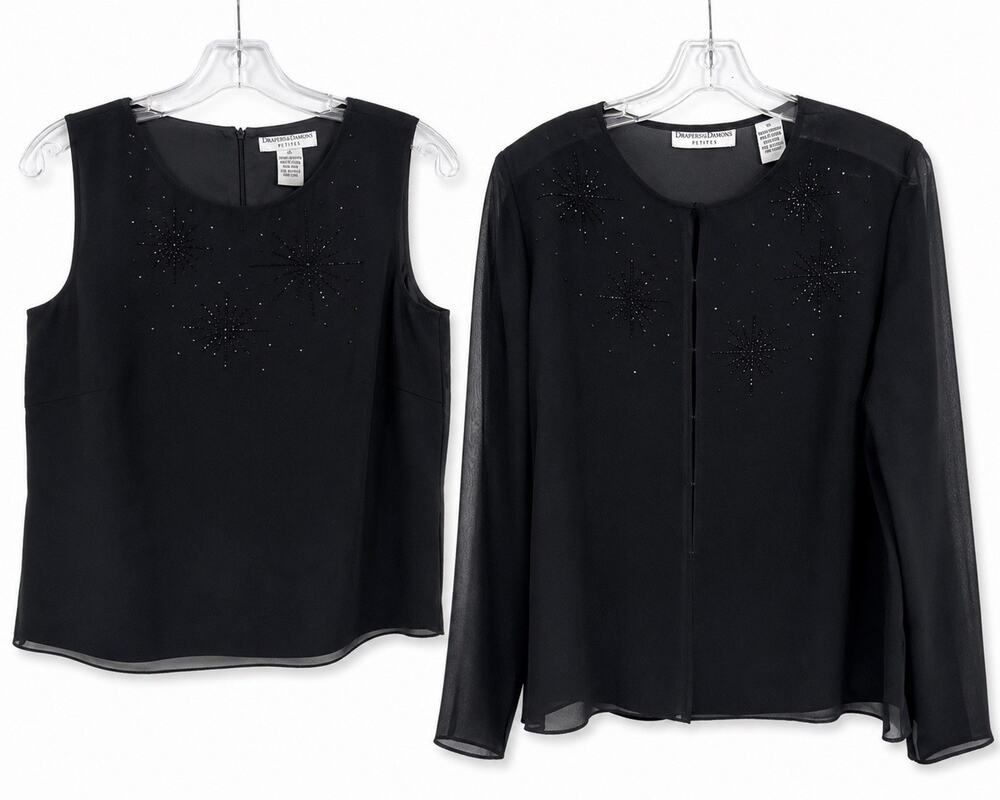 Drapers & Damons 2 Pc Black Beaded Jacket Shell Top Set Petite Large Evening